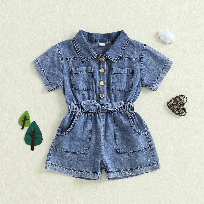 Girls Denim Overall Dress with Ruffle Sleeves A-Line Skirt