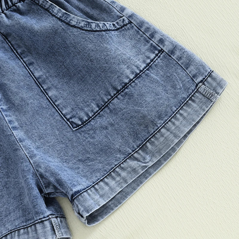 Girls Denim Overall Dress with Ruffle Sleeves A-Line Skirt