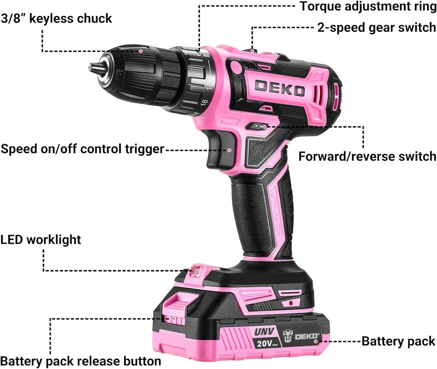 Power Drill Cordless: DEKO Pink 20V Electric Drill Set