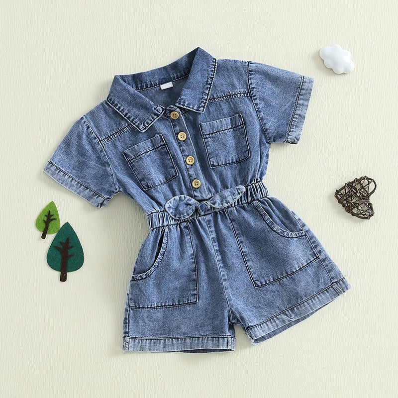 Girls Denim Overall Dress with Ruffle Sleeves A-Line Skirt