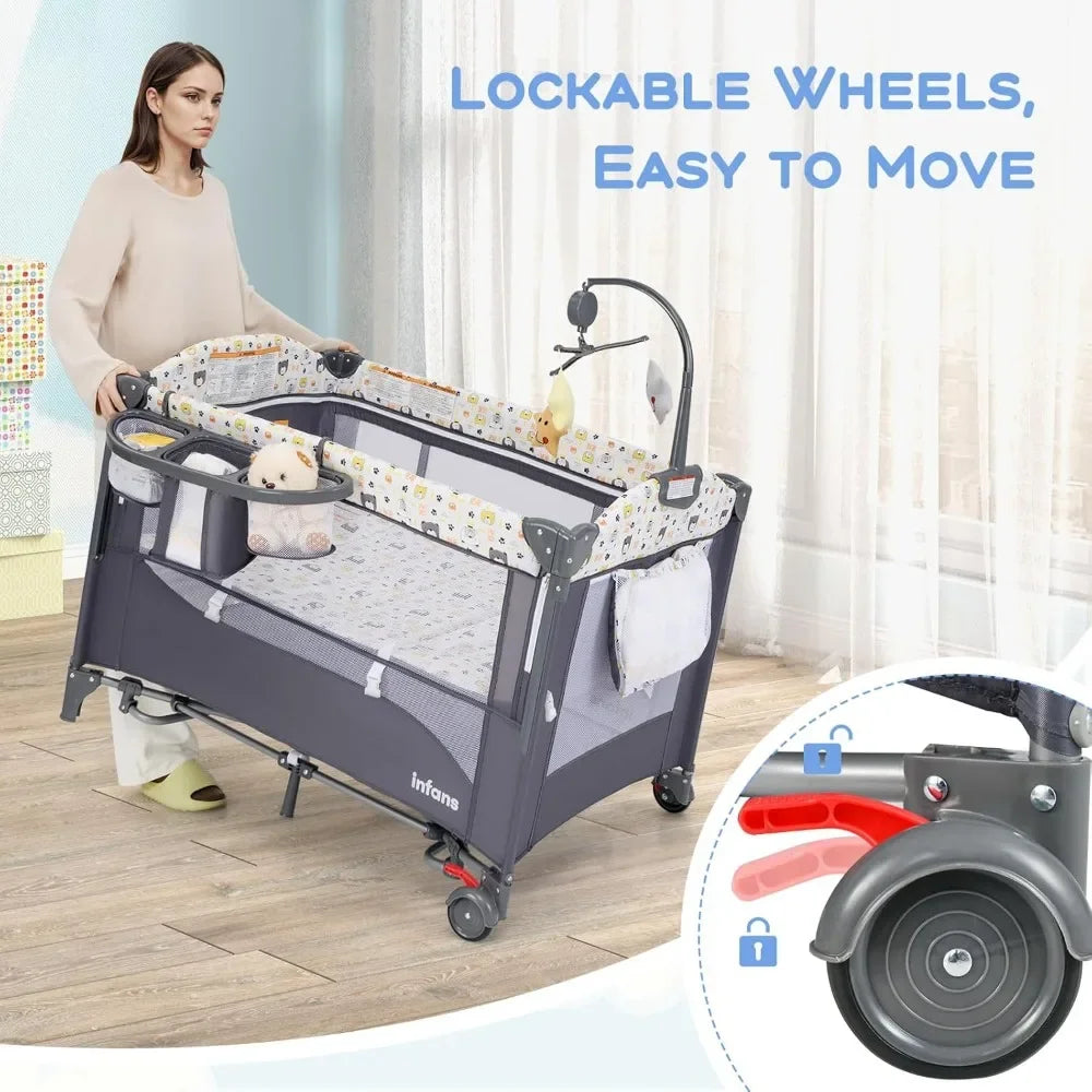 Pack and Play, 5 in 1 Baby Bedside Sleeper with Bassinet