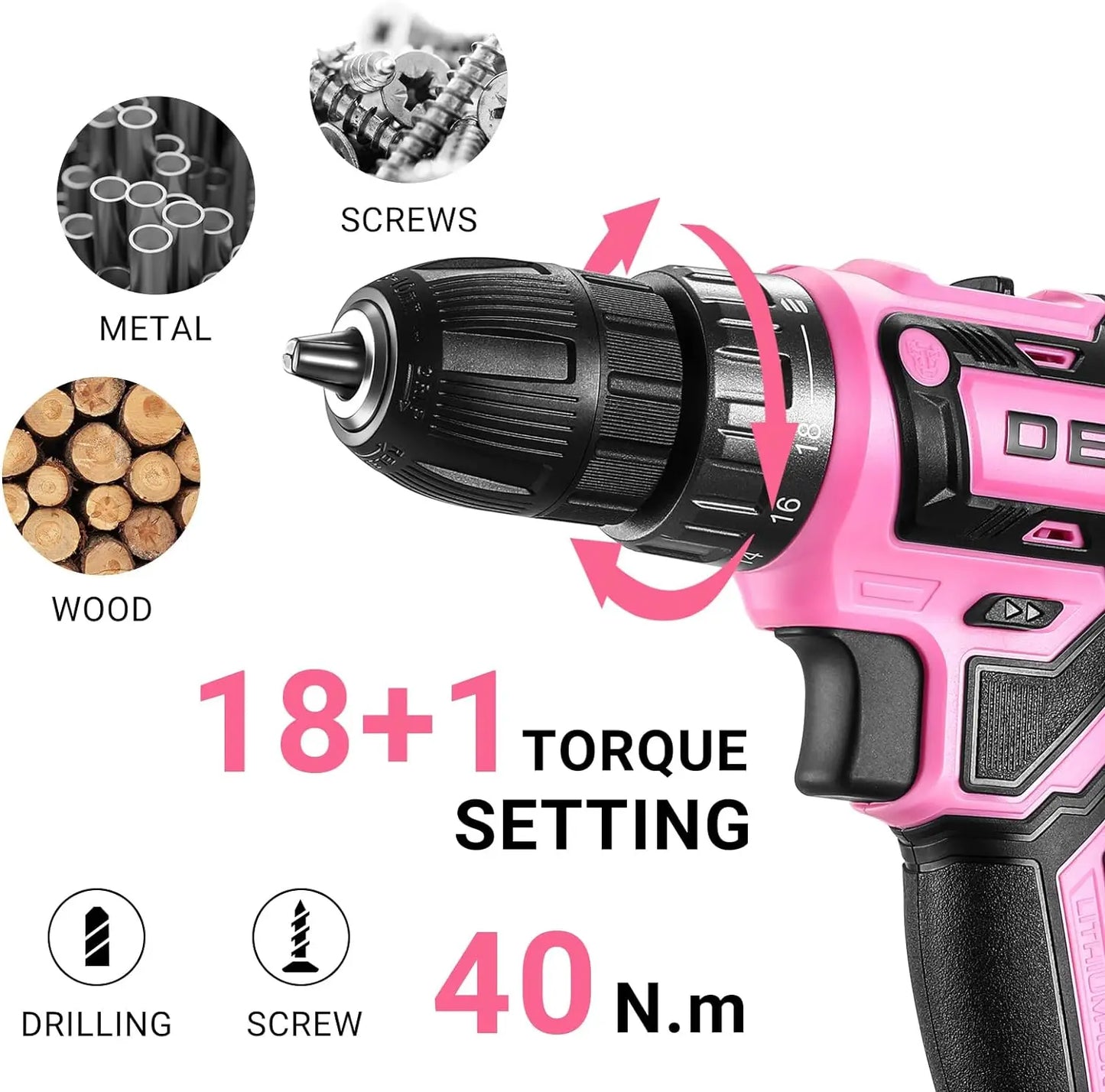 Power Drill Cordless: DEKO Pink 20V Electric Drill Set