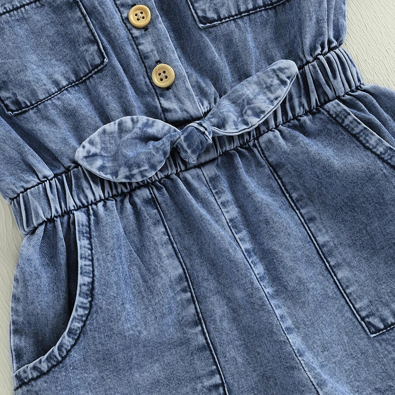 Girls Denim Overall Dress with Ruffle Sleeves A-Line Skirt