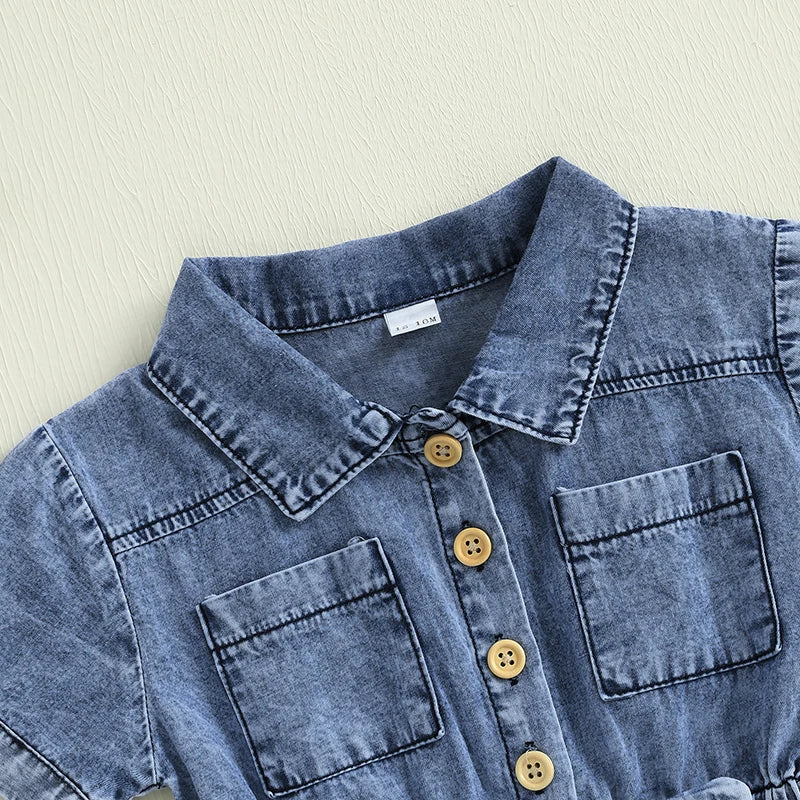 Girls Denim Overall Dress with Ruffle Sleeves A-Line Skirt
