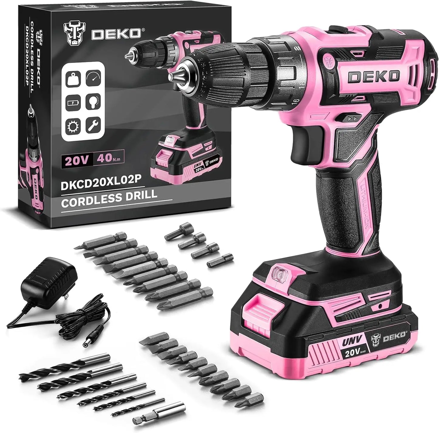 Power Drill Cordless: DEKO Pink 20V Electric Drill Set