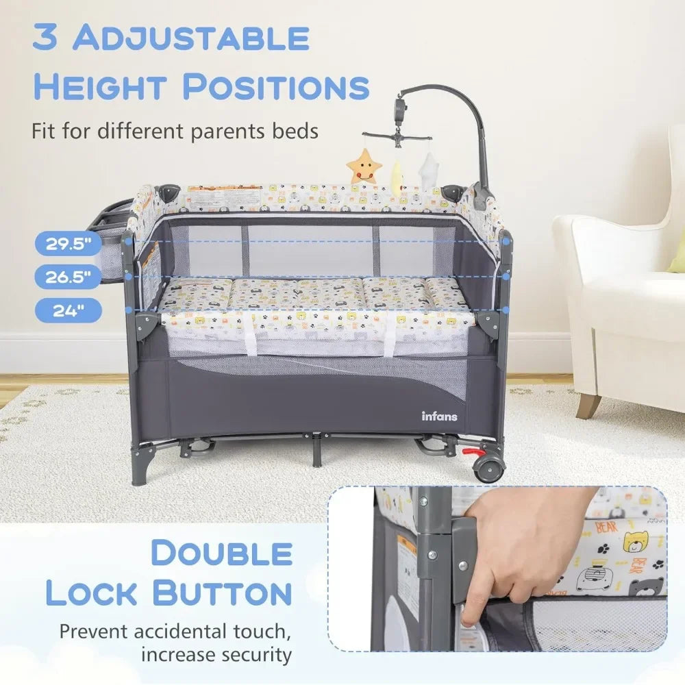 Pack and Play, 5 in 1 Baby Bedside Sleeper with Bassinet