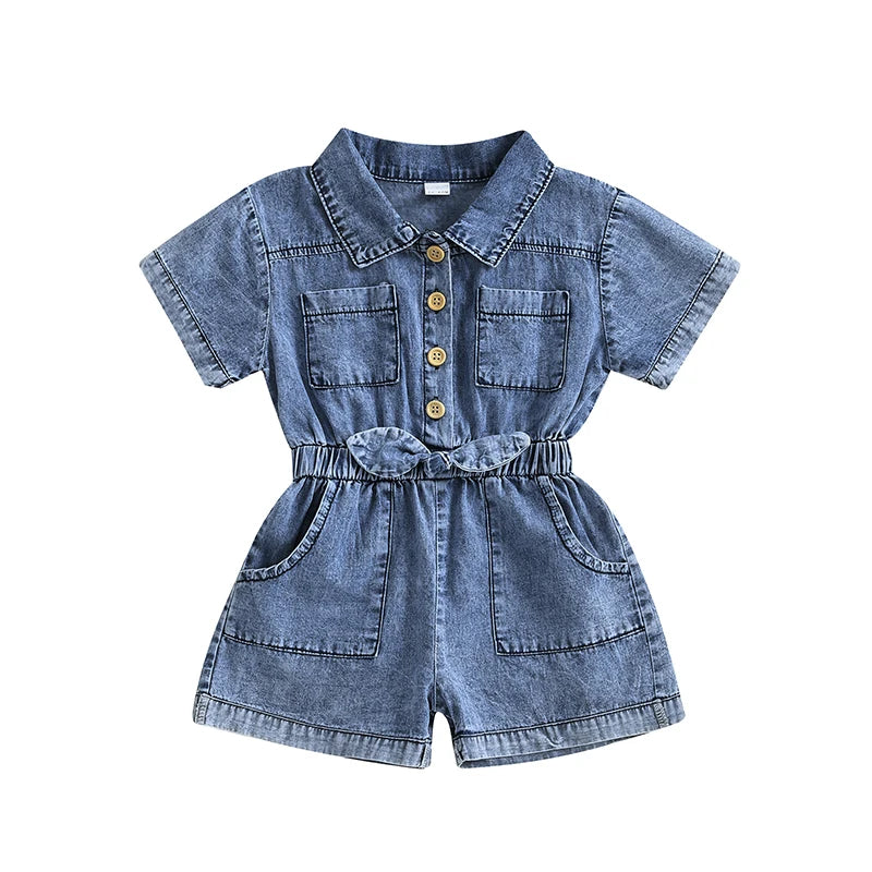 Girls Denim Overall Dress with Ruffle Sleeves A-Line Skirt