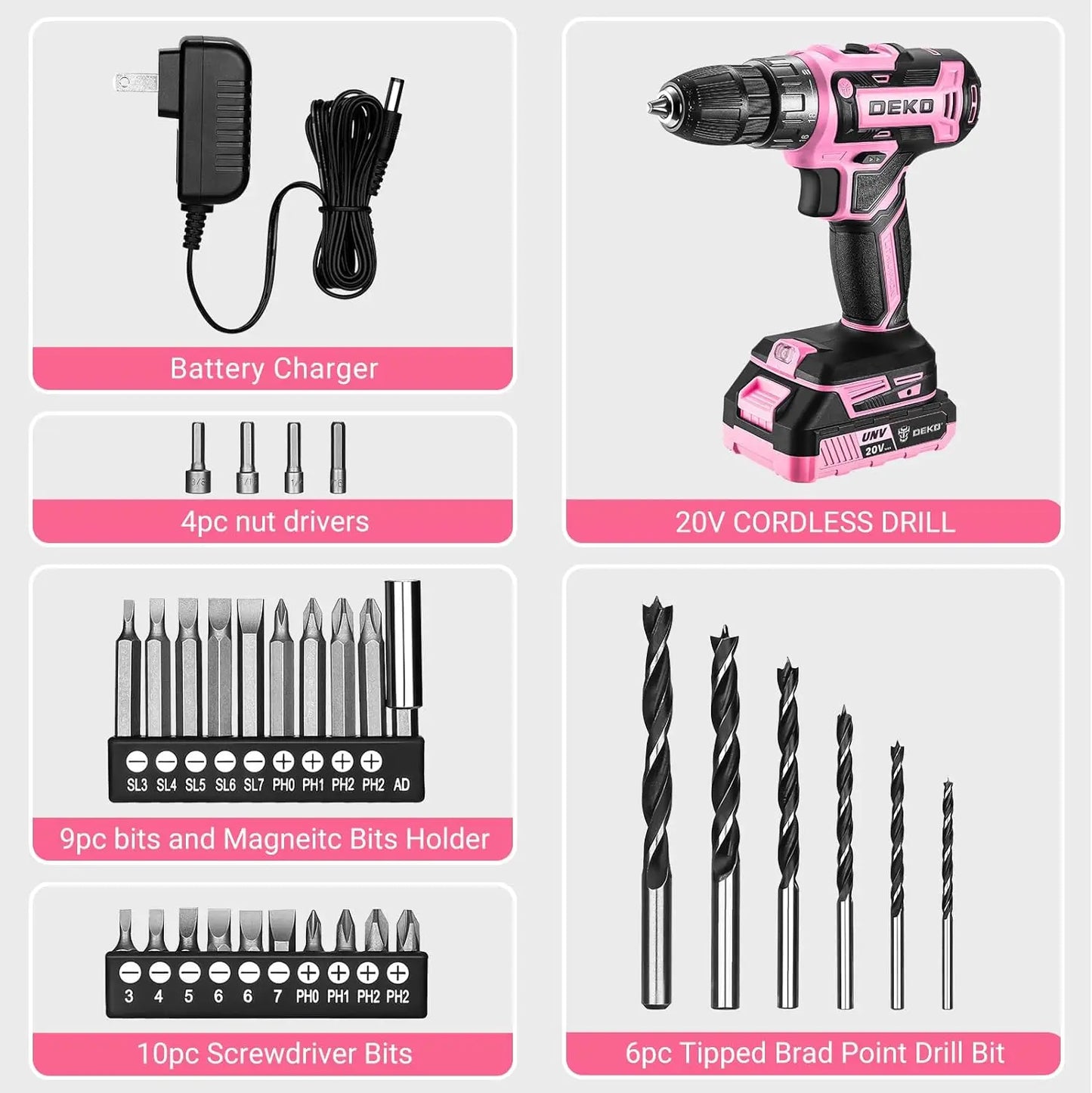 Power Drill Cordless: DEKO Pink 20V Electric Drill Set