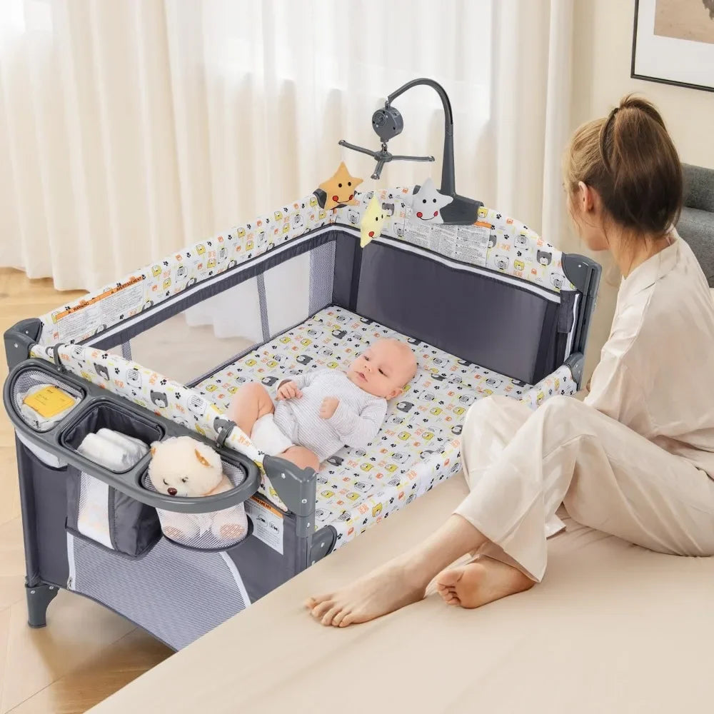 Pack and Play, 5 in 1 Baby Bedside Sleeper with Bassinet
