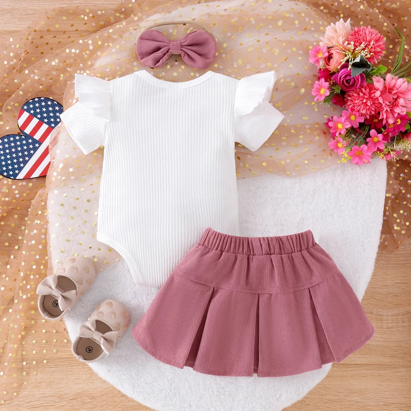 Adorable Toddler Girls Floral Romper Skirt Headband Set
